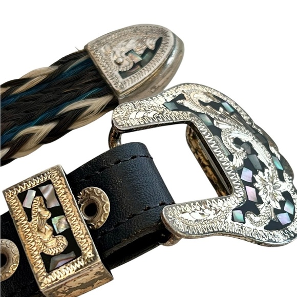 Horse Hair Western Belt Black Blue Mother Of Pearl Silver Plated Buckle Cowgirl main image 5